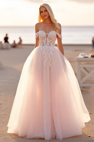 Robe de mariée en tulle blush à épaules dénudées avec appliques